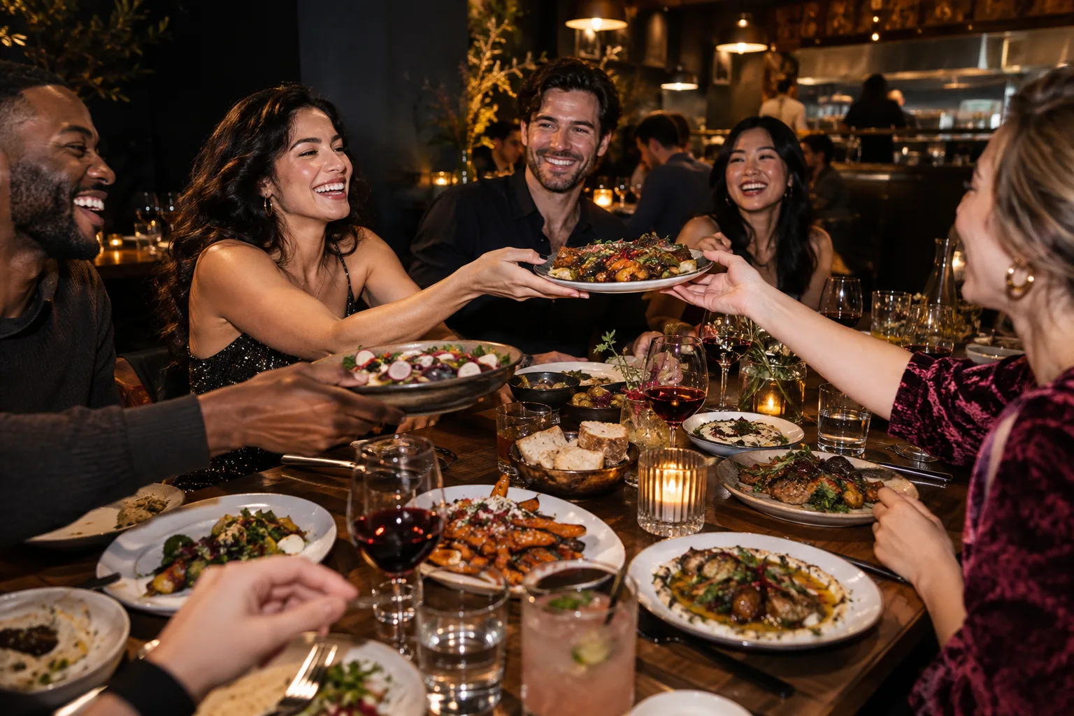 Friends sharing an abundant dinner around a lively restaurant table