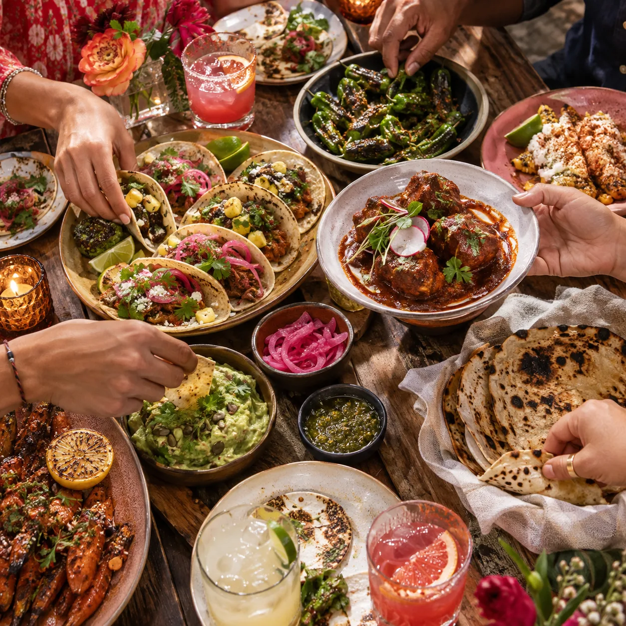 Food and friends around a restaurant table